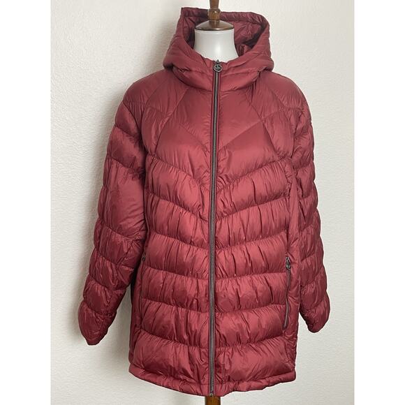 Michael Kors Puffer Jacket Hoodie Down Fill Burgundy FLAW - Picture 1 of 16